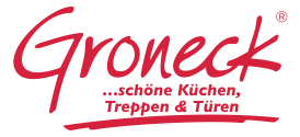 Das Bild zeigt das Logo von „groneck“ mit stilisiertem roten Text, der möglicherweise ein Unternehmen darstellt, das sich auf Küchen, Treppen und Türen spezialisiert hat („küchen, treppen & t.