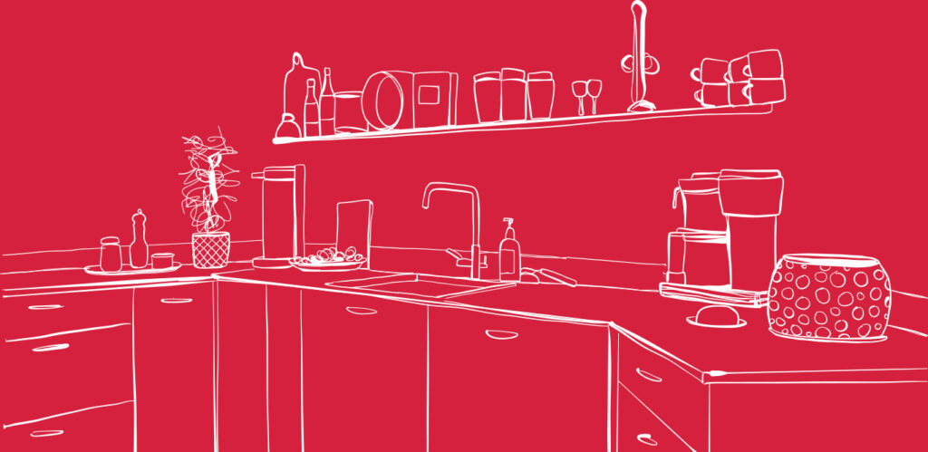 Eine rot-weiße Strichzeichnung einer modernen Kücheneinrichtung mit verschiedenen Geräten und Gegenständen auf den Arbeitsplatten, entworfen für Küchenplanung.