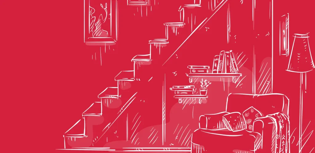 Eine rot-weiße Strichzeichnung einer gemütlichen Innenszene mit Treppenmaterialien, Bücherregalen, gerahmten Kunstwerken und einem Sessel neben einer Stehlampe.