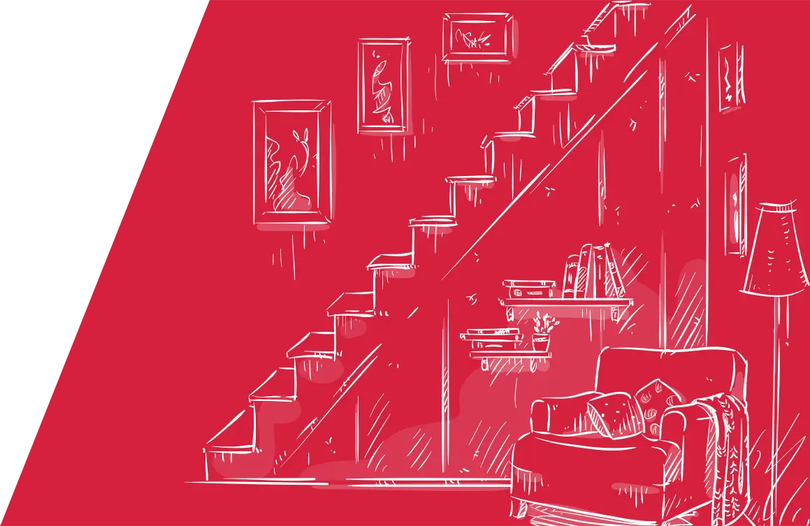 Eine rot-weiße Strichzeichnung eines gemütlichen Innenraums mit Materialien für die Treppe, gerahmten Bildern an der Wand, einem Bücherregal und einem Sessel mit einer Stehlampe daneben.
