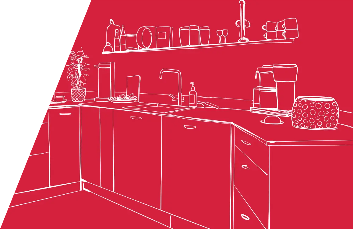 Strichzeichnung einer Küchenarbeitsplatte mit verschiedenen Geräten und Gegenständen für Küchenplanung, in Weiß vor rotem Hintergrund dargestellt.