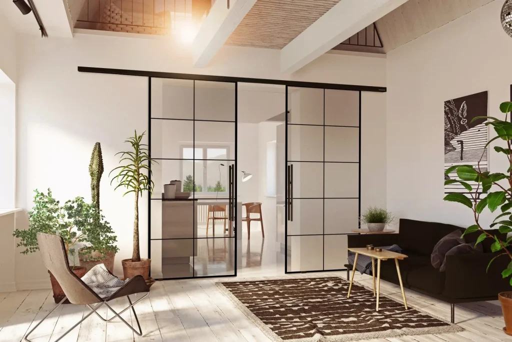 Ein moderner Wohnbereich mit einer schwarz gerahmten Glasschiebetür, einem Loungebereich mit Klappstuhl und Sofa, ergänzt durch Zimmerpflanzen, einen gemusterten Teppich und Glastüren