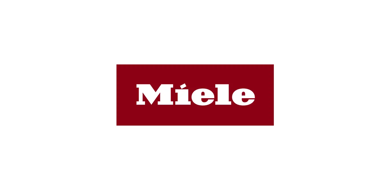 Das Bild zeigt das Markenlogo von Miele, das aus weißem Text mit der Aufschrift „Miele“ auf einem roten rechteckigen Hintergrund besteht.