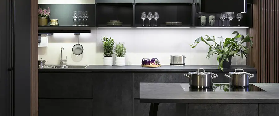 Eine moderne Design-Küche mit schwarzen Schränken, dunklen Arbeitsplatten und Geräten aus Edelstahl, akzentuiert durch grüne Zimmerpflanzen und ordentlich organisiertes Küchengeschirr.