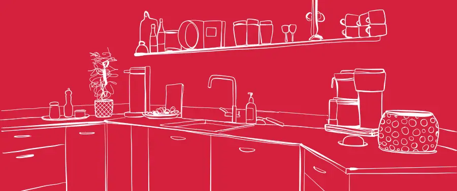 Rote monochromatische Strichzeichnung einer Küchenstudio-Arbeitsplatte mit verschiedenen Geräten und Gegenständen, darunter eine Kaffeemaschine, Gläser und ein Waschbecken.