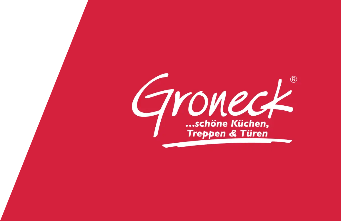 Das Bild zeigt das Unternehmenslogo für „groneck“ sowie den Slogan „...schöne küchen, treppen & türen“ auf rotem Hintergrund.