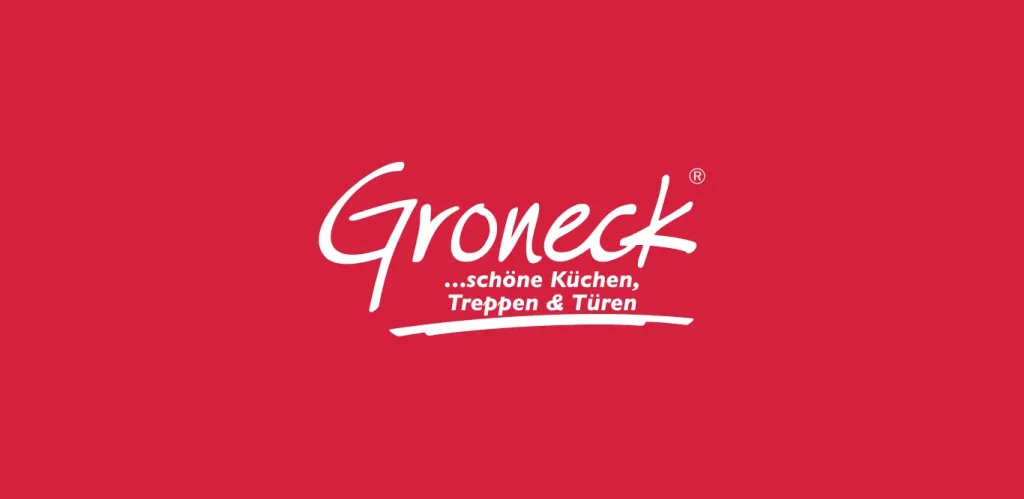 Ein Markenlogo von „groneck“ mit dem Slogan „schöne küchen, treppen & türen“ auf rotem Hintergrund.