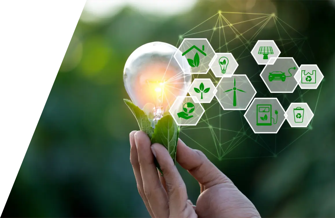 Eine Hand, die eine Glühbirne mit einer wachsenden Pflanze darin hält, symbolisiert umweltfreundliche und nachhaltige Energiekonzepte, mit Symbolen, die verschiedene grüne Technologien und Initiativen repräsentieren, darunter Bosch Haushaltsgeräte,