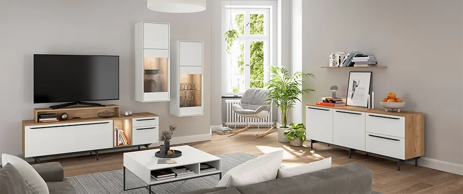Ein modernes Wohnzimmer mit minimalistischer, harmonischer Einrichtung, darunter ein Fernseher auf einem Schrank, ein Couchtisch mit einer Pflanze, ein Sofa, ein Stuhl neben einem Fenster mit einer grünen Pflanze