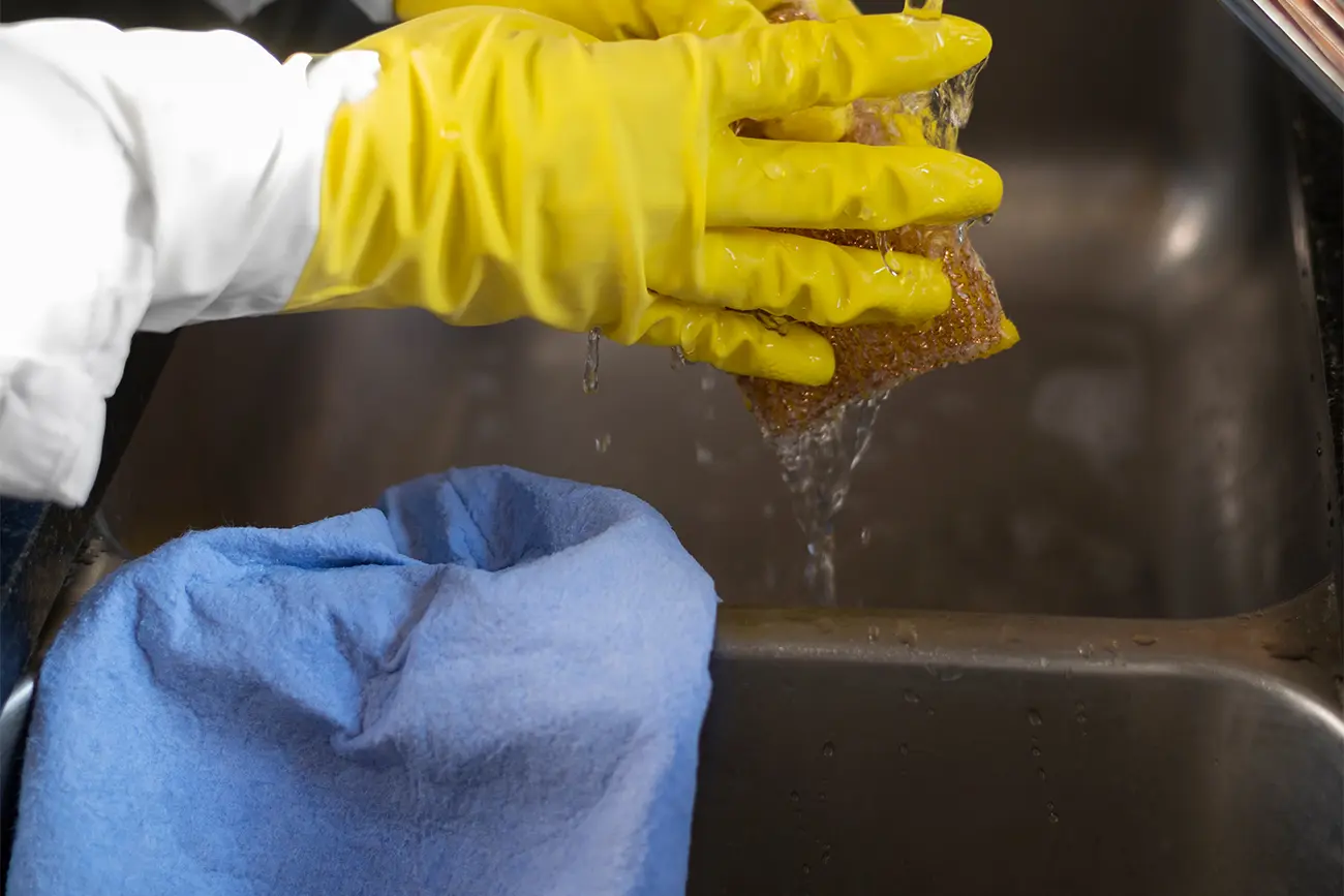 Eine Person mit gelben Gummihandschuhen spült einen Schwamm unter fließendem Wasser in einem Edelstahlspülbecken ab, daneben liegt ein blaues Mikrofasertuch zur Küchenpflege.
