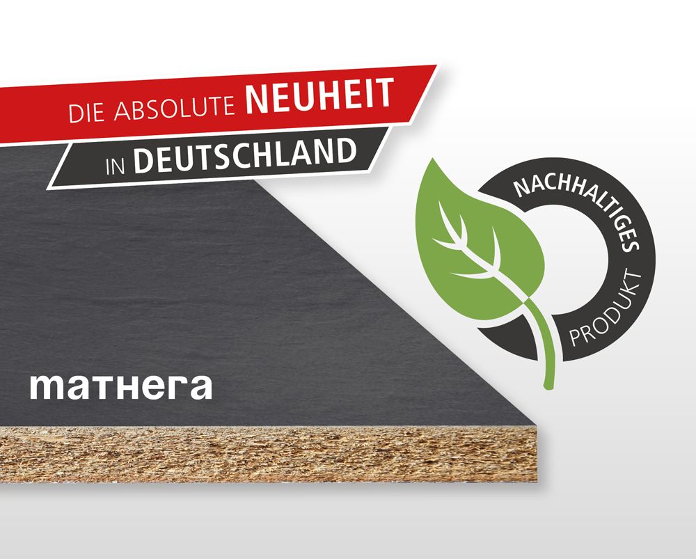Werbegrafik, die ein Produkt namens „Mathera“ als neues und nachhaltiges AKP-Produkt in Deutschland präsentiert, mit Text auf Deutsch, der „die absolute Neuheit in Deutschland“ und „s.“ bedeutet