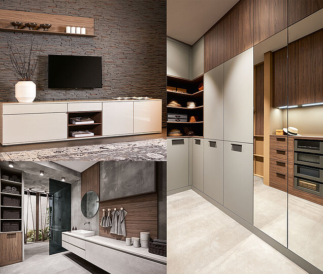 Eine moderne Innenarchitektur-Collage mit einem Wohnzimmer mit Wandfernseher und Backstein-Akzentwand, einer eleganten Küche mit Holzeinbauschränken von KH Systemmöbel und einem Badezimmer mit einem großen runden Badezimmer